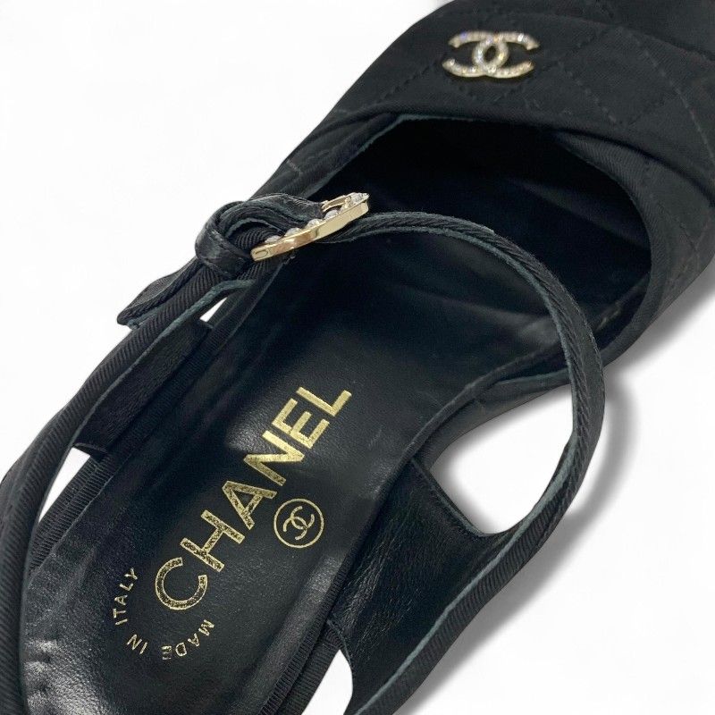 Chanel Sandals Shoes Fabric Black Here Mark Matelasse Wedge Sole Rhinestone