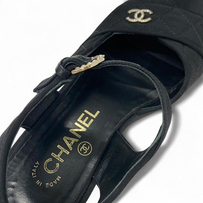 Chanel Sandals Shoes Fabric Black Here Mark Matelasse Wedge Sole Rhinestone