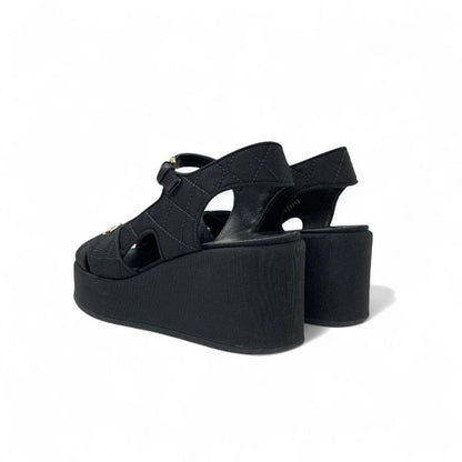 Chanel Sandals Shoes Fabric Black Here Mark Matelasse Wedge Sole Rhinestone
