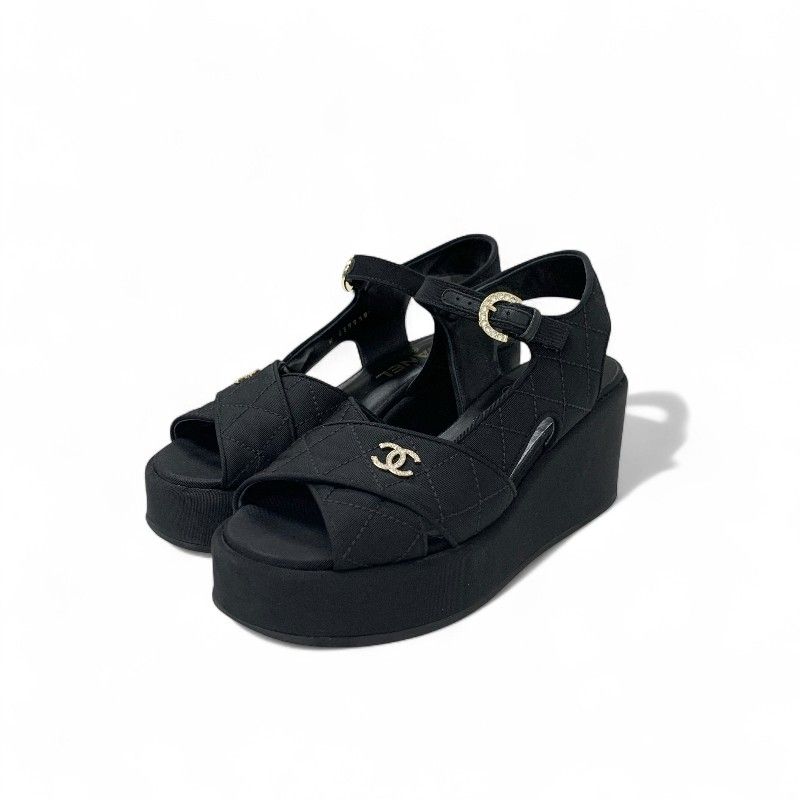 Chanel Sandals Shoes Fabric Black Here Mark Matelasse Wedge Sole Rhinestone