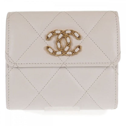 Chanel 19 Flap Wallet Ap2809 Trifold Wallet Lambskin White Gold Hardware Ladies