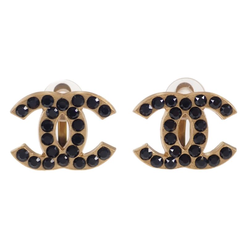 Chanel Coco Mark Earrings Metal Rhinestone Gold Ladies [AB Rank]