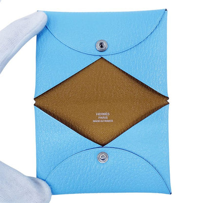 Hermes Card Case Ladies Men Brand Calvi Chevre Blue Aztec Business Card Holder