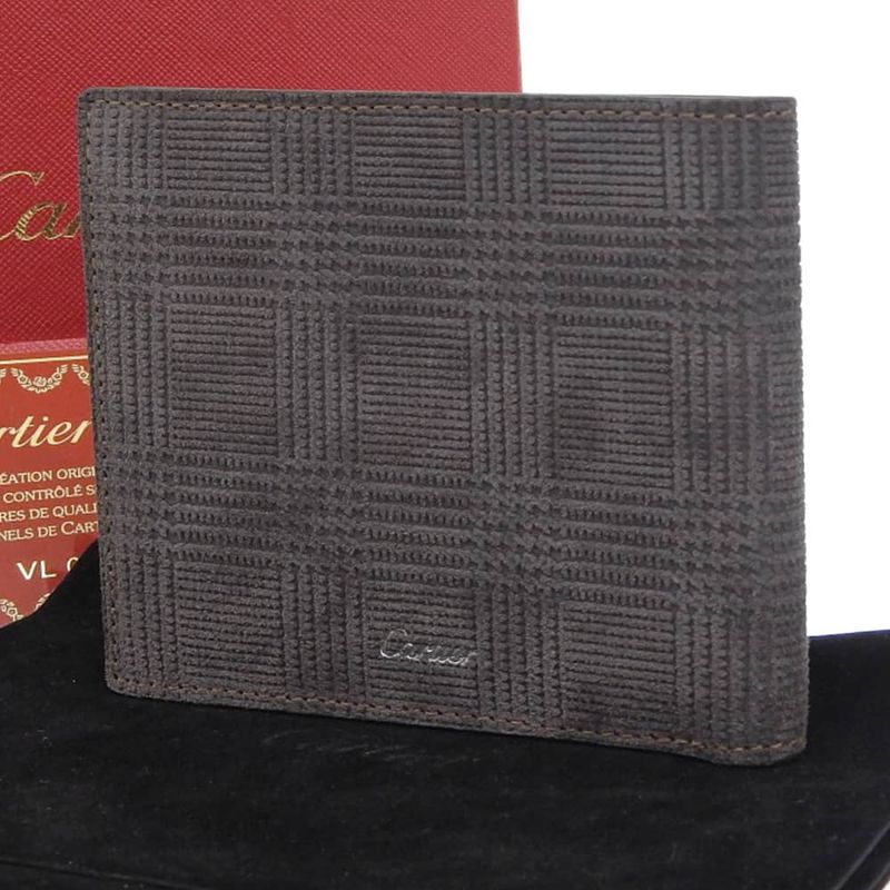 Unused With Box Cartier 2012 Item L3001156 Glen Check Suede Leather 8cc Wallet