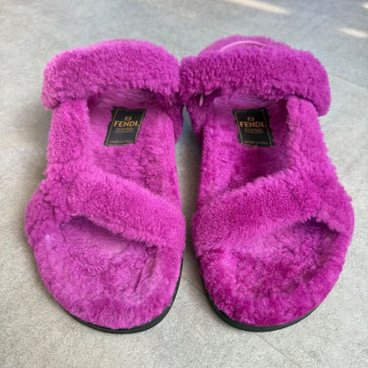 Fendi Boa Strap Sandals 37 Zucca Pattern 24cm (9.45in) Purple Mouton Shoes Flat