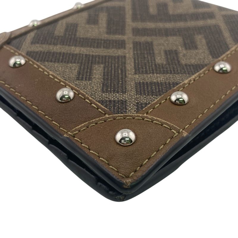 Fendi 7m0169 Studded FF Logo Fold Wallet Branded Coin Purse Bill Brown Ladies
