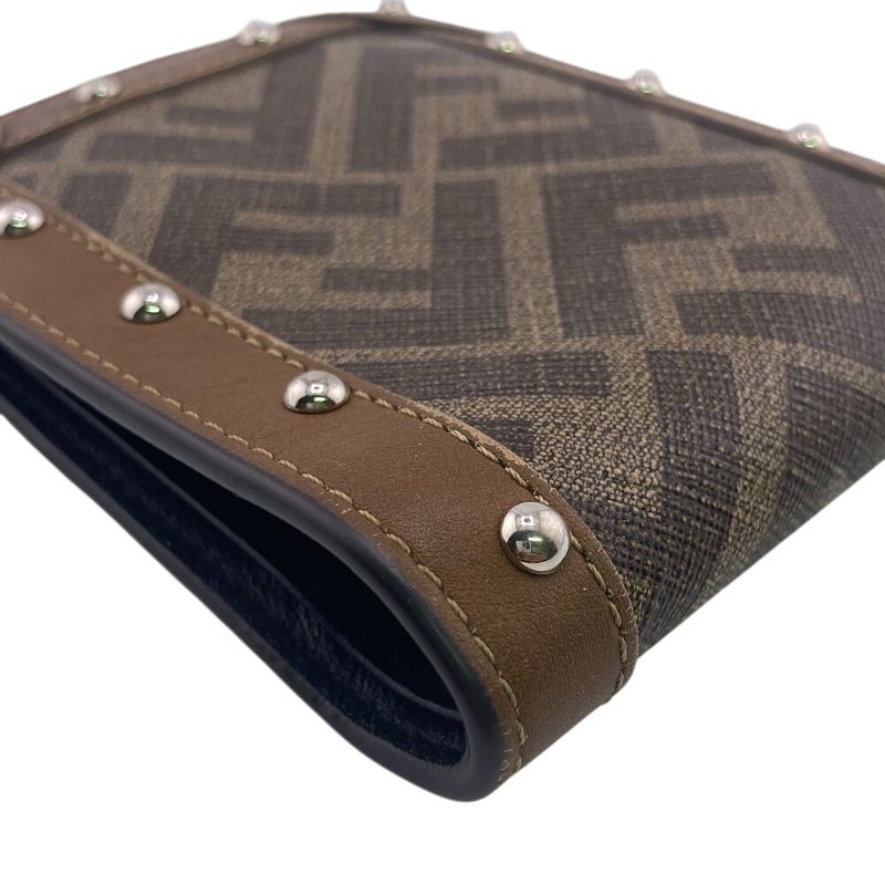 Fendi 7m0169 Studded FF Logo Fold Wallet Branded Coin Purse Bill Brown Ladies