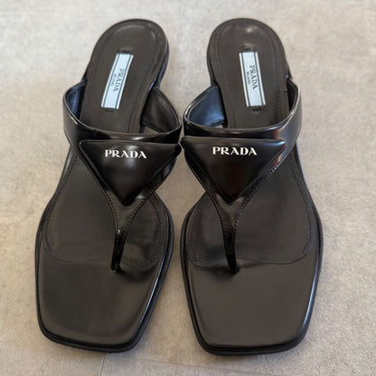 Prada Triangle Logo Leather Mules Black 36 1 2 Women's Sandals 23.5cm (9.25in)