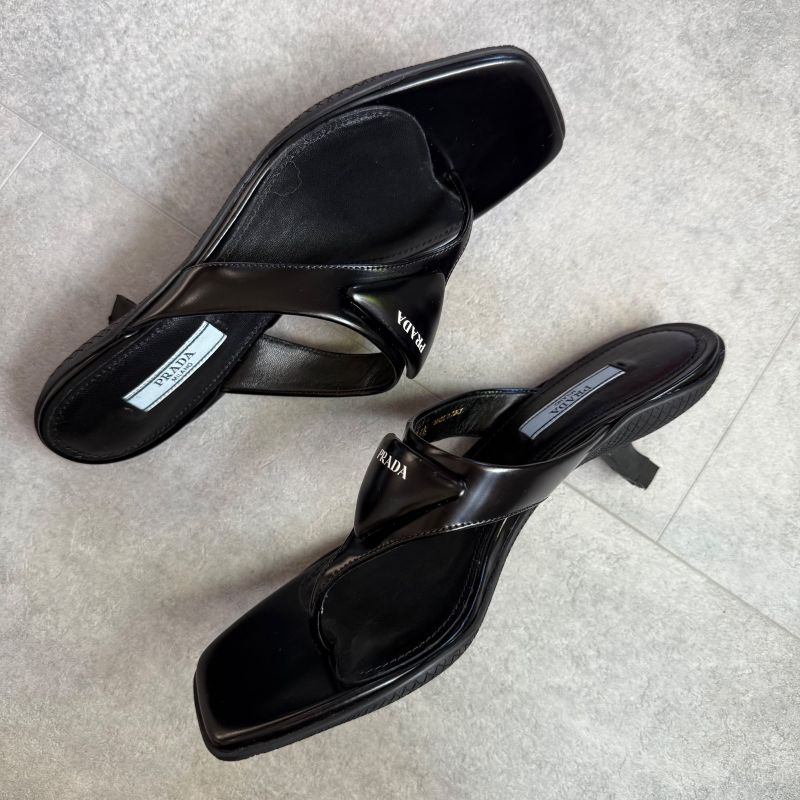 Prada Triangle Logo Leather Mules Black 36 1 2 Women's Sandals 23.5cm (9.25in)