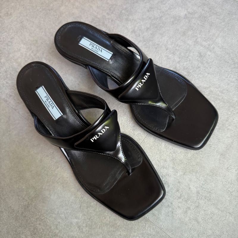 Prada Triangle Logo Leather Mules Black 36 1 2 Women's Sandals 23.5cm (9.25in)