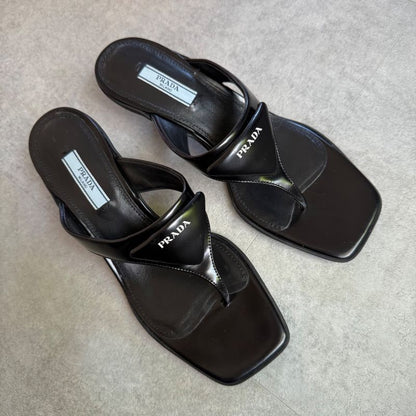 Prada Triangle Logo Leather Mules Black 36 1 2 Women's Sandals 23.5cm (9.25in)