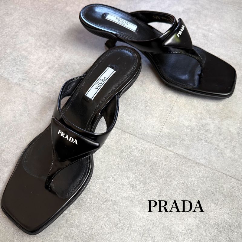 Prada Triangle Logo Leather Mules Black 36 1 2 Women's Sandals 23.5cm (9.25in)