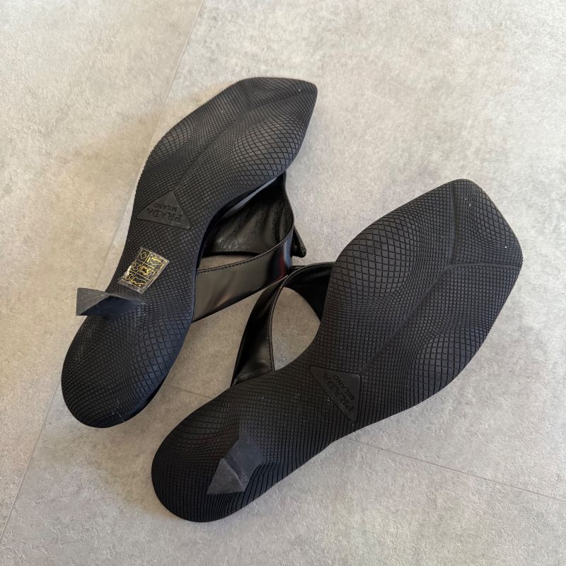 Prada Triangle Logo Leather Mules Black 36 1 2 Women's Sandals 23.5cm (9.25in)