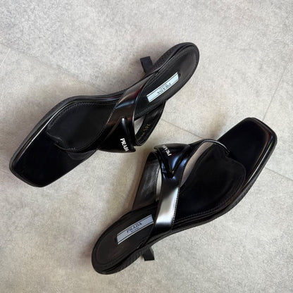 Prada Triangle Logo Leather Mules Black 36 1 2 Women's Sandals 23.5cm (9.25in)
