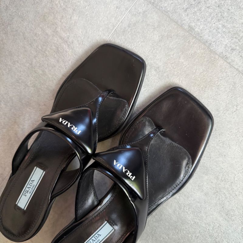 Prada Triangle Logo Leather Mules Black 36 1 2 Women's Sandals 23.5cm (9.25in)