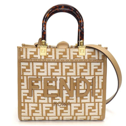 Fendi Tote/ Shoulder Bag Sunshine Small 8bh394 Beige/white FF Raffia Cotton