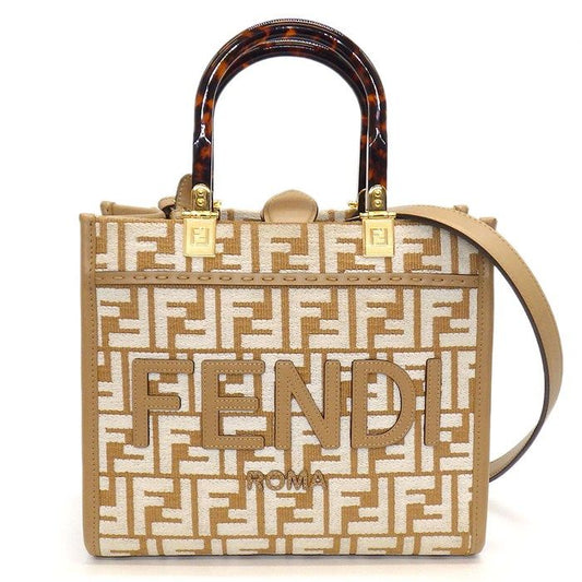 Fendi Tote/ Shoulder Bag Sunshine Small 8bh394 Beige/white FF Raffia Cotton
