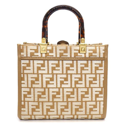 Fendi Tote/ Shoulder Bag Sunshine Small 8bh394 Beige/white FF Raffia Cotton