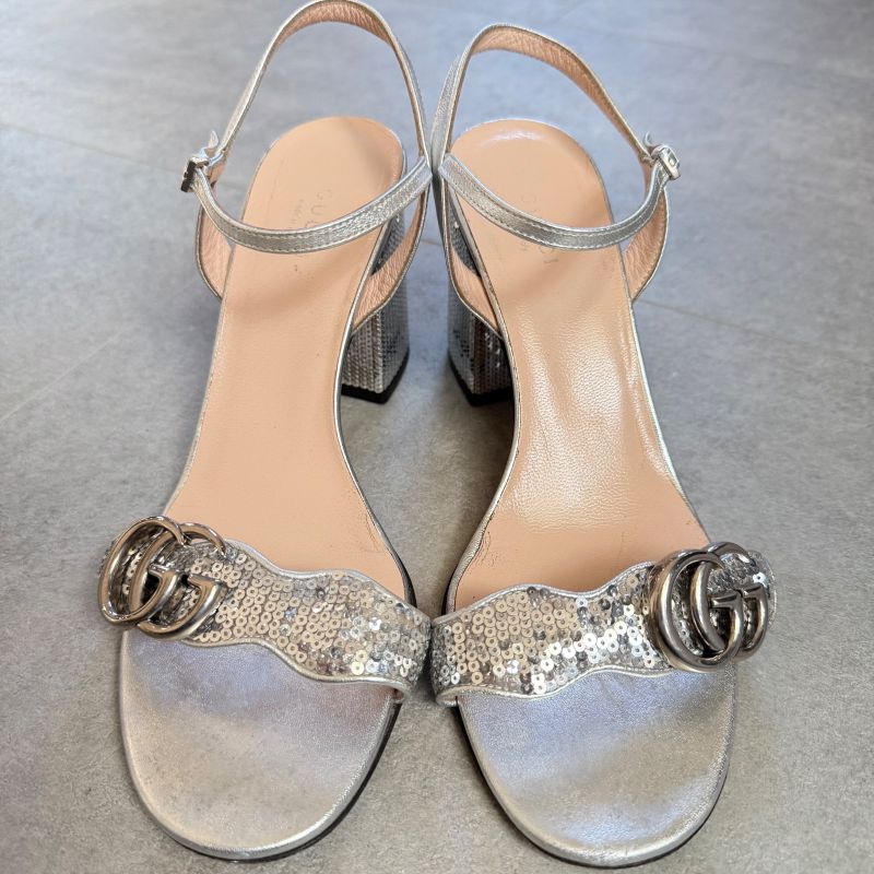 Gucci GG Mormant Sequined Sandals Leather Silver Strap Sandals 38 Women's Shoes