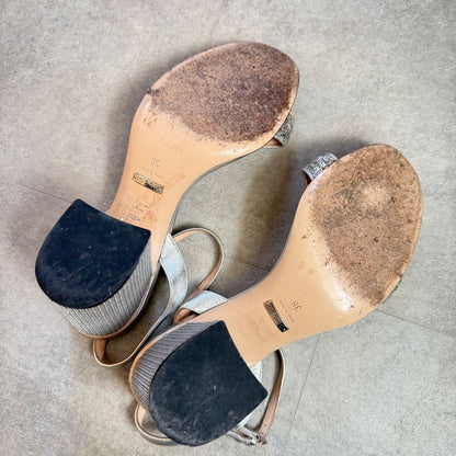 Gucci GG Mormant Sequined Sandals Leather Silver Strap Sandals 38 Women's Shoes