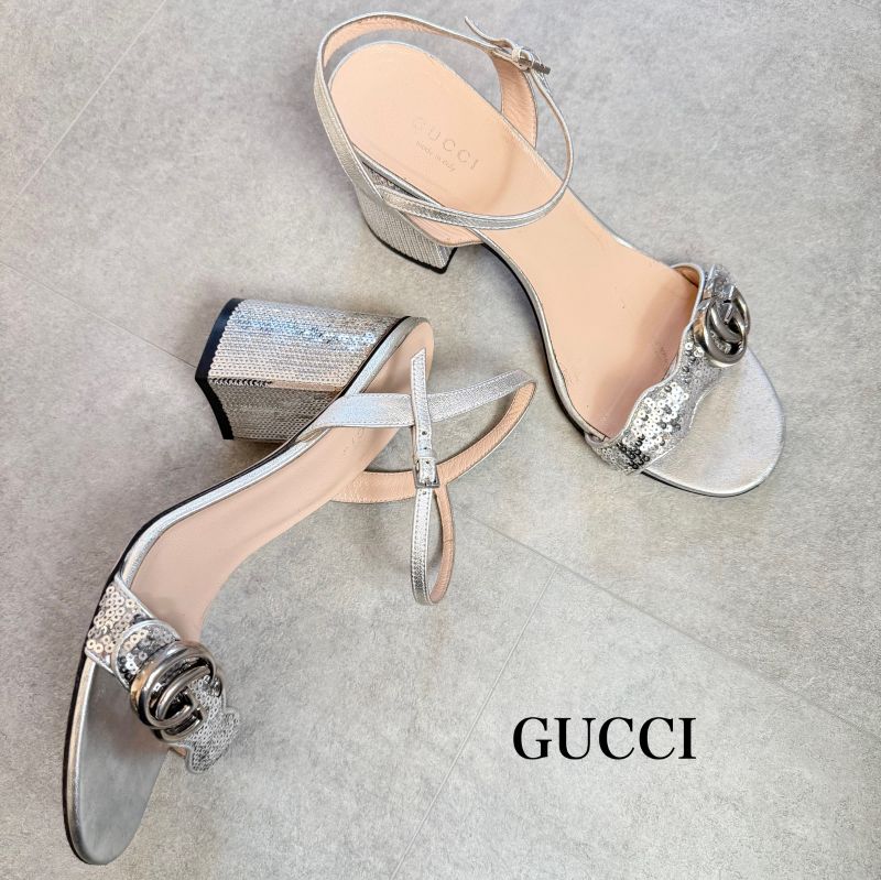 Gucci GG Mormant Sequined Sandals Leather Silver Strap Sandals 38 Women's Shoes