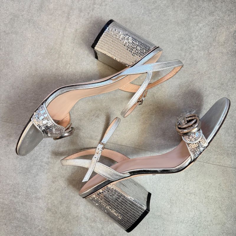 Gucci GG Mormant Sequined Sandals Leather Silver Strap Sandals 38 Women's Shoes