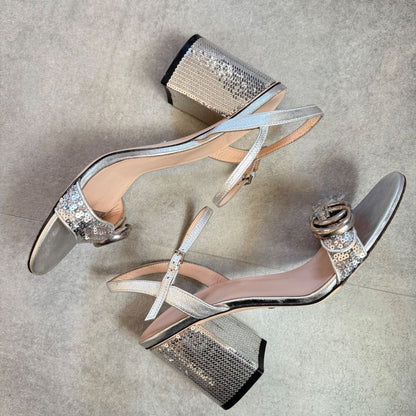 Gucci GG Mormant Sequined Sandals Leather Silver Strap Sandals 38 Women's Shoes