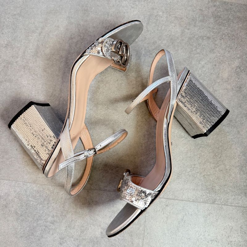 Gucci GG Mormant Sequined Sandals Leather Silver Strap Sandals 38 Women's Shoes