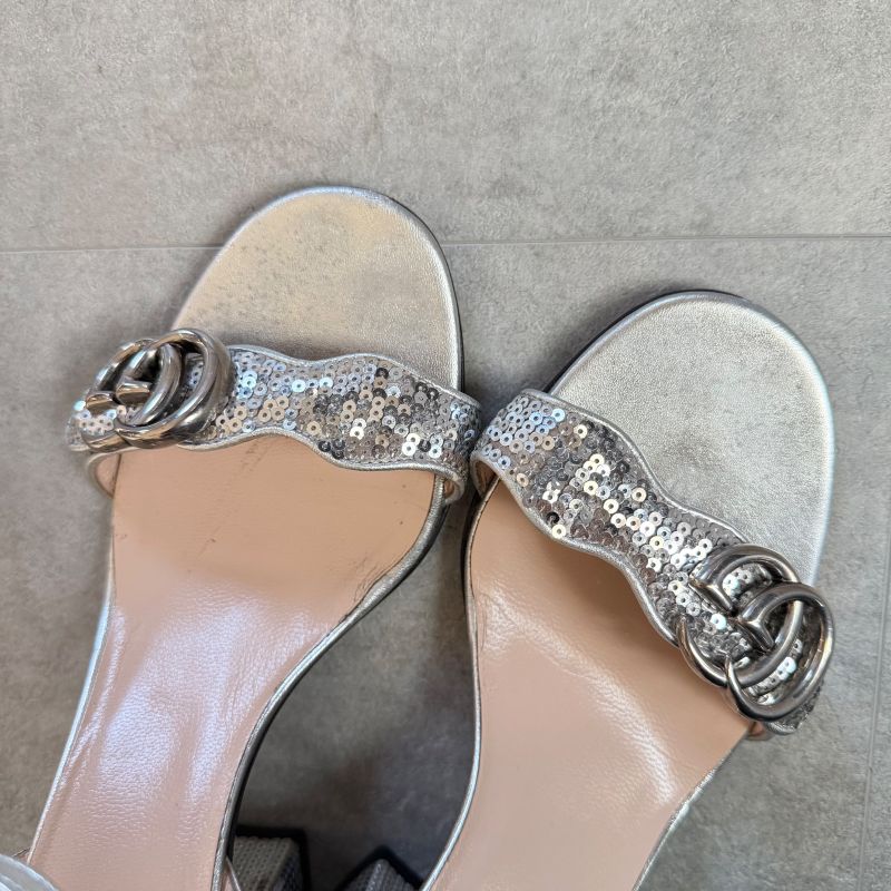 Gucci GG Mormant Sequined Sandals Leather Silver Strap Sandals 38 Women's Shoes