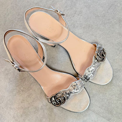Gucci GG Mormant Sequined Sandals Leather Silver Strap Sandals 38 Women's Shoes