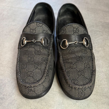 Gucci Horsebit Loafer GG Canvas Leather Black Silver Hardware 41 1 2 E Men's