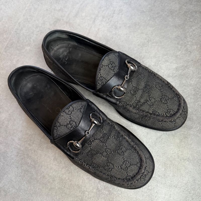 Gucci Horsebit Loafer GG Canvas Leather Black Silver Hardware 41 1 2 E Men's