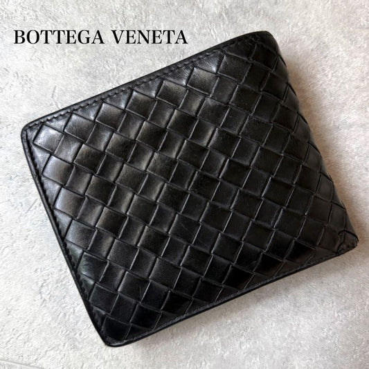 Bottega Veneta Intrecciato Bifold Wallet Calf Leather Pass Case Black Bifold