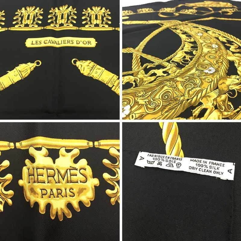 Herfmes Hermes Scarf Carre 90 LES Cavaliers D'OR Golden Knight Black New Used
