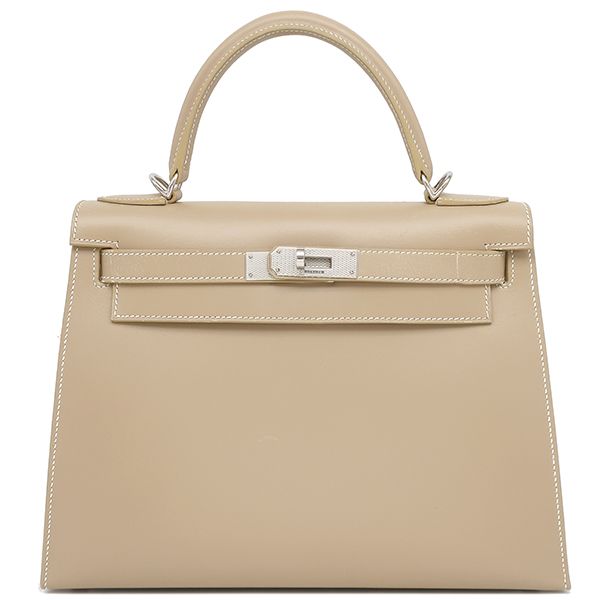 Hermes 2-Way Bag Kelly 28 Outer Stitch Guilloche Box Calf Pouss Iere Silver