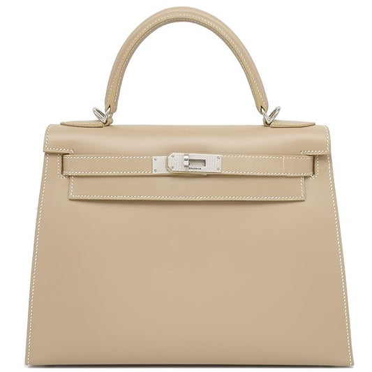 Hermes 2-Way Bag Kelly 28 Outer Stitch Guilloche Box Calf Pouss Iere Silver