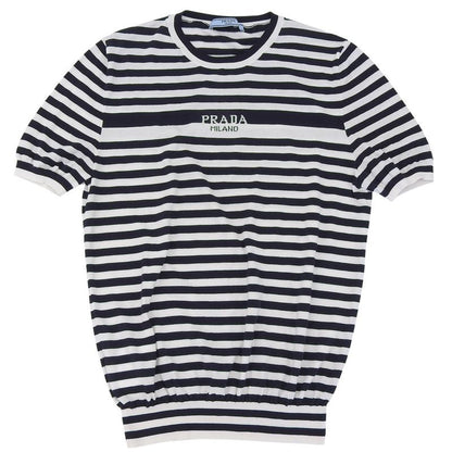 Prada Striped Short Sleeve Cotton T-shirt Top Women's Navy And White 40 P24v1d
