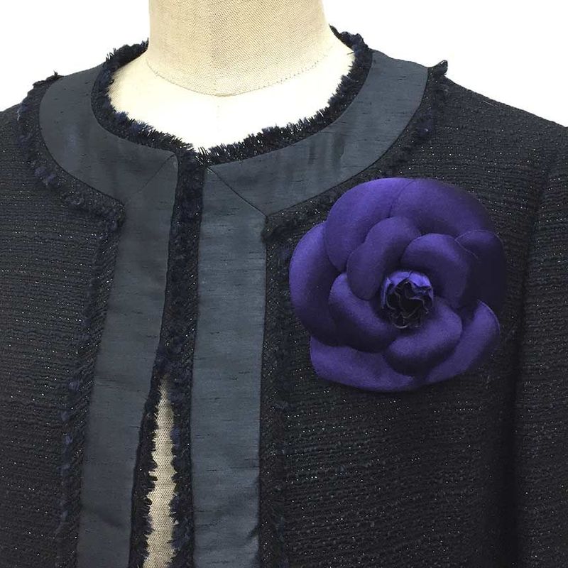Chanel Camellia Corsage Brooch Flower Purple Satin With Box Aq11781