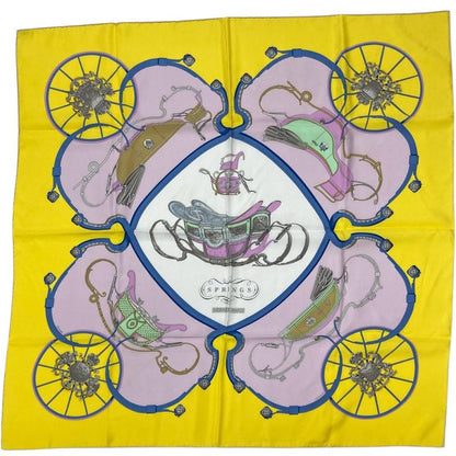 Hermes Carre 90 Springs Carriage Ledoux Scarf Silk Yellow Pink Women