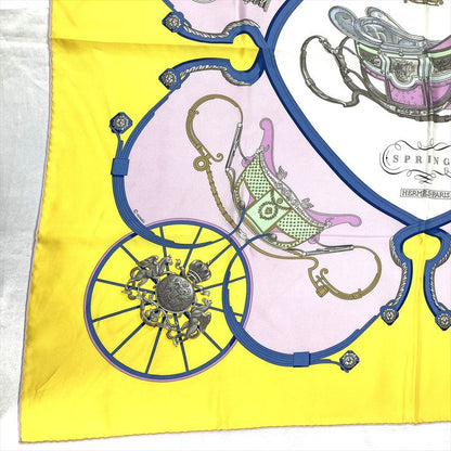 Hermes Carre 90 Springs Carriage Ledoux Scarf Silk Yellow Pink Women