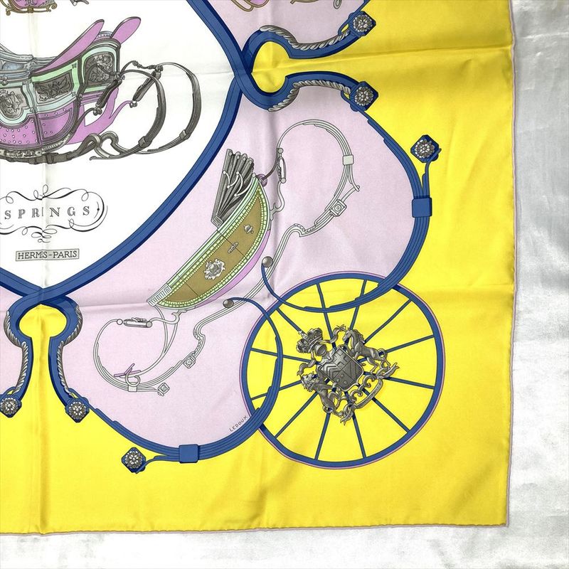 Hermes Carre 90 Springs Carriage Ledoux Scarf Silk Yellow Pink Women