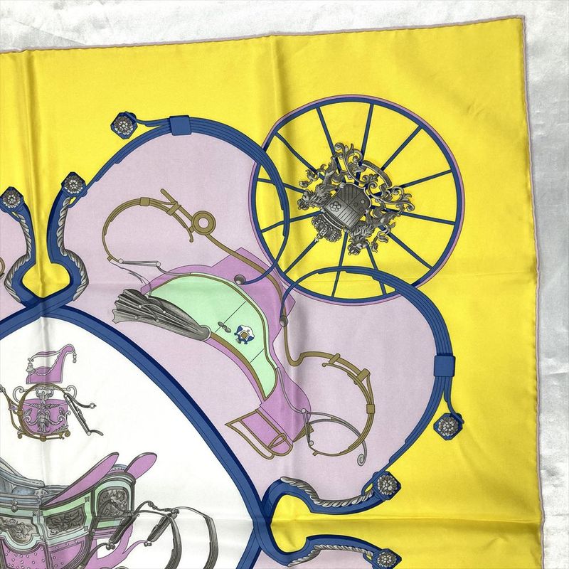 Hermes Carre 90 Springs Carriage Ledoux Scarf Silk Yellow Pink Women