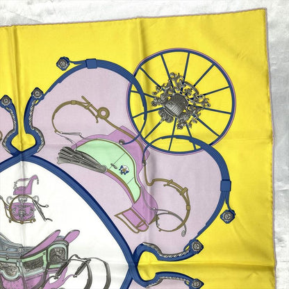 Hermes Carre 90 Springs Carriage Ledoux Scarf Silk Yellow Pink Women