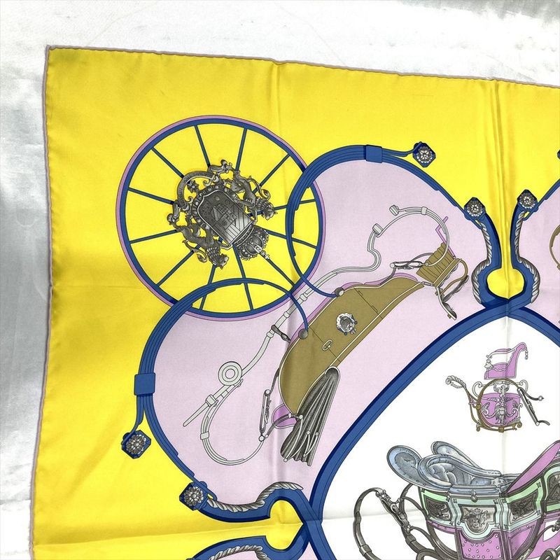 Hermes Carre 90 Springs Carriage Ledoux Scarf Silk Yellow Pink Women