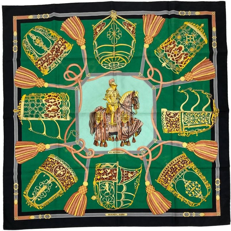 Hermes Carre 90 LES Muserolles Nose Leather Scarf Green Black Women