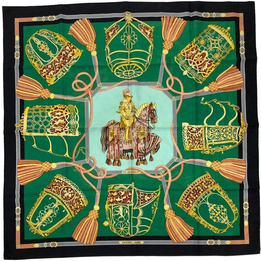 Hermes Carre 90 LES Muserolles Nose Leather Scarf Green Black Women