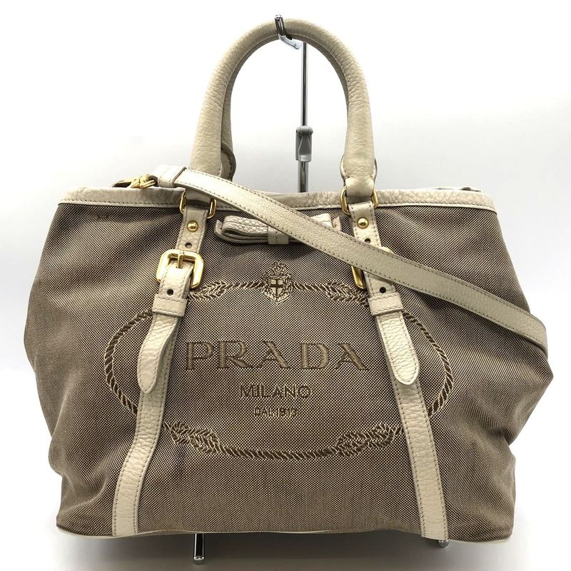 Prada Tote Handbag Shoulder Bag 2way Jacquard Logo Canvas Beige Leather Ladies