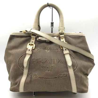 Prada Tote Handbag Shoulder Bag 2way Jacquard Logo Canvas Beige Leather Ladies