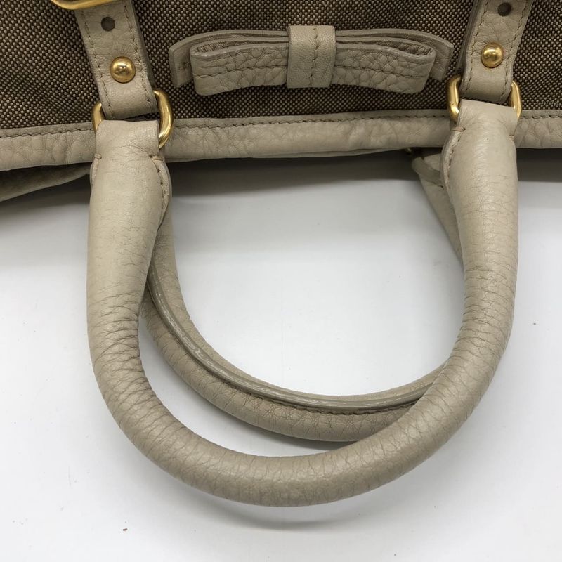 Prada Tote Handbag Shoulder Bag 2way Jacquard Logo Canvas Beige Leather Ladies