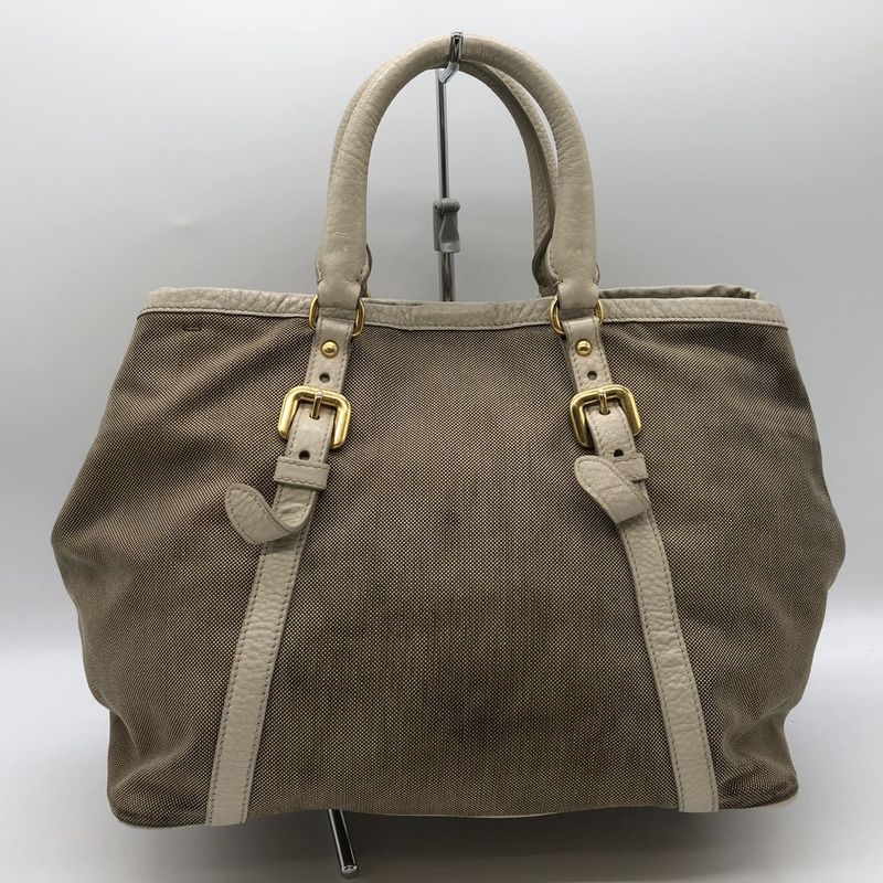Prada Tote Handbag Shoulder Bag 2way Jacquard Logo Canvas Beige Leather Ladies